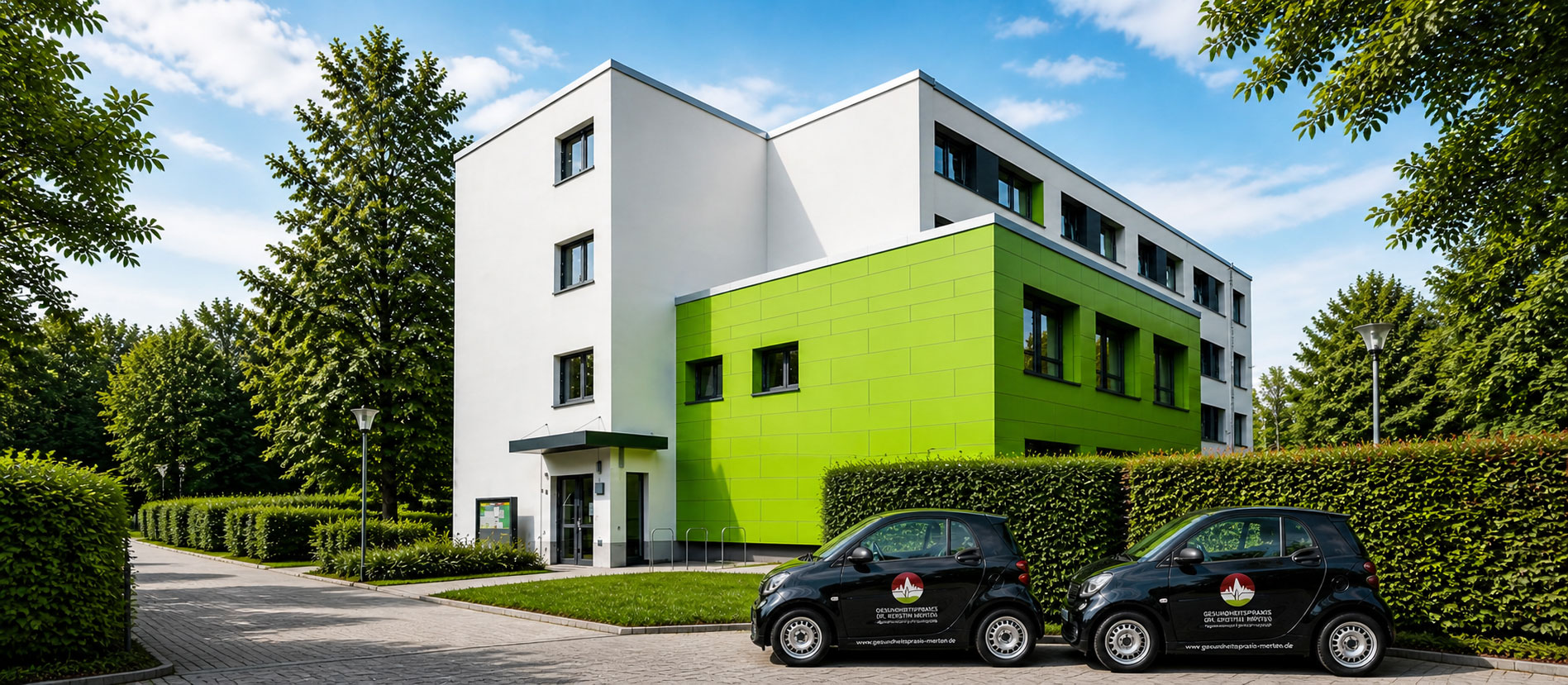 Außenansicht der Gesundheitspraxis Dr. Kerstin Merten in Chemnitz — modernes Gebäude mit markant grüner Fassade an der Fritz-Fritzsche-Straße 18